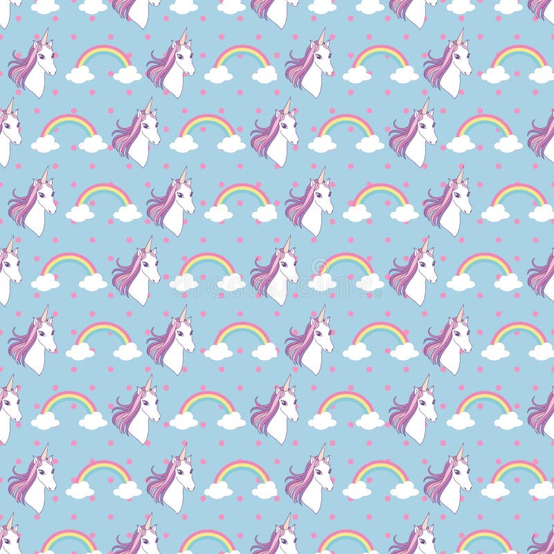 Cute unicorn head and rainbow seamless pattern on blue background with polka dots