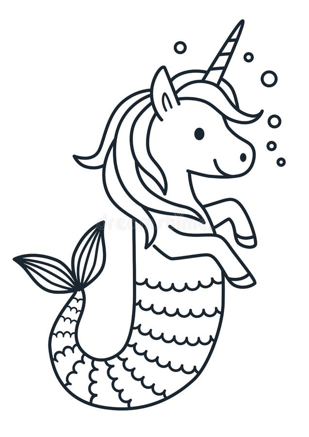 Cute Unicorn Mermaid Coloring Page Cartoon Illustration. Stock