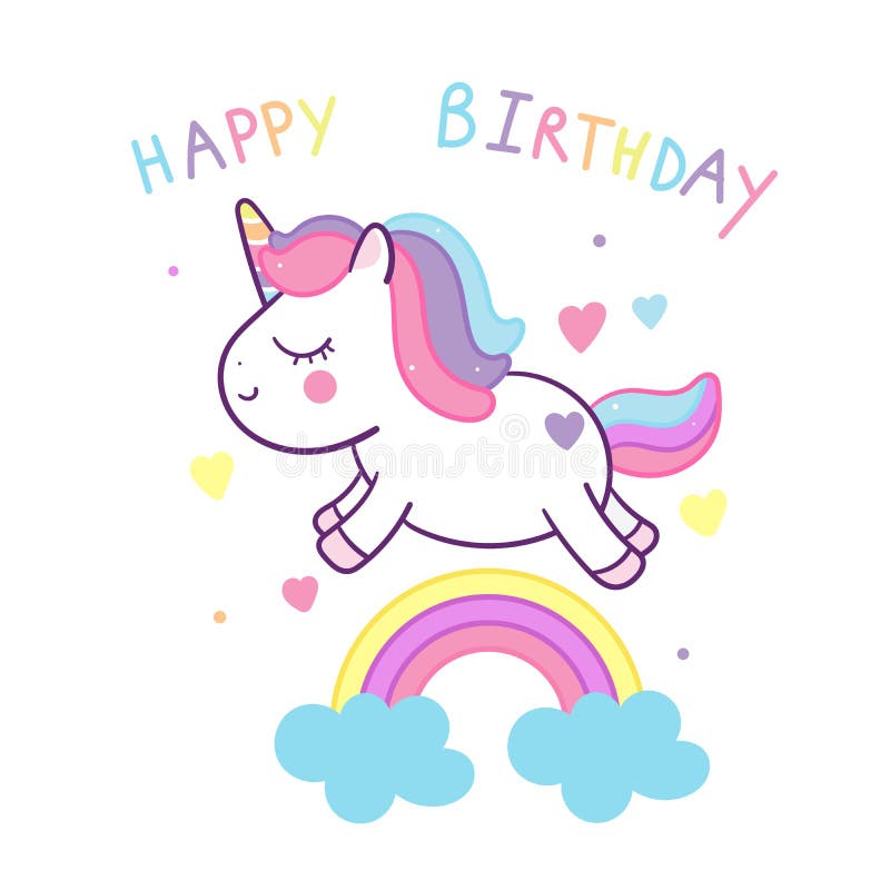 Cute Unicorn Vector on Rainbow, Happy Birthday Party, Kawaii Animal ...
