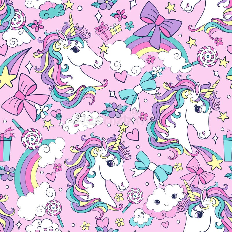 Cute Unicorns Head with Magic Elements Vector Seamless Pattern Stock ...