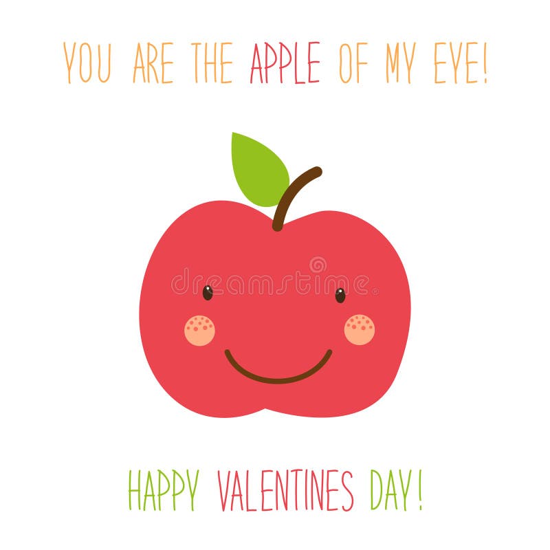 Cute unusual hand drawn Valentines Day card with funny cartoon character of apple stock illustration