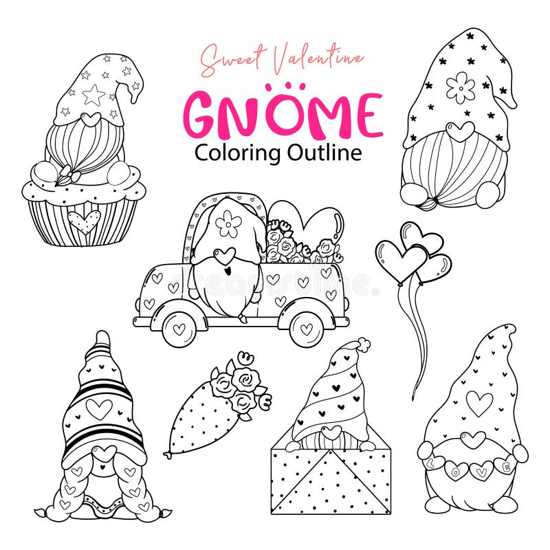 Cute Valentine Gnome coloring outline collection, Sweet valentine digital stamp set, Gnome cartoon doodle drawing set