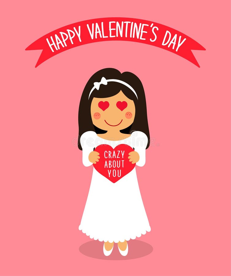 Cute Valentine`s Day card with funny cartoon character of loving girl with heart in hands royalty free illustration Cute Valentine`s Day card with funny cartoon character of loving girl with heart in hands royalty free illustration
