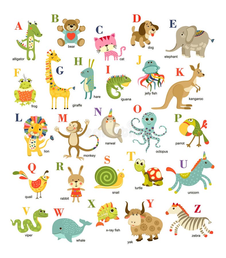 Cute Vector Cartoon Baby Animals English Alphabet on White Background.  Vector Illustration for Kids Education, Language Study Stock Vector -  Illustration of internet, book: 217807622