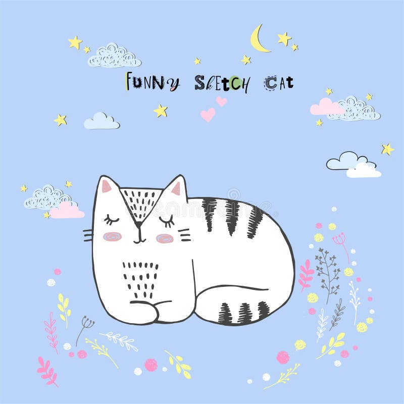 Cute Vector Cartoon Kawaii Cat with Clouds, Stars, Heart, Hand Drawn ...