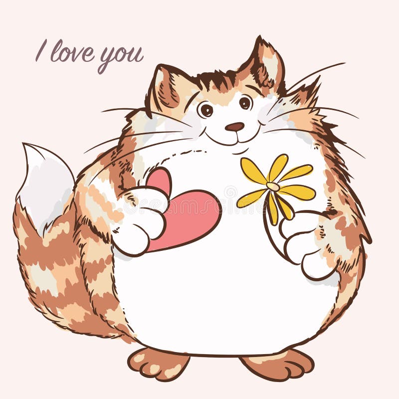 Cute vector cat holding heart and flower, Valentines day card