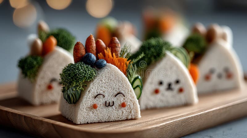 Cute vegetarian sandwiches with decorative vegetables and cute faces on wooden tray, kids food stock illustration