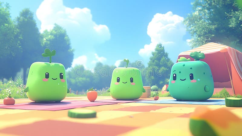 Cute veggie characters enjoying a picnic in a lush, sunny forest vector illustration