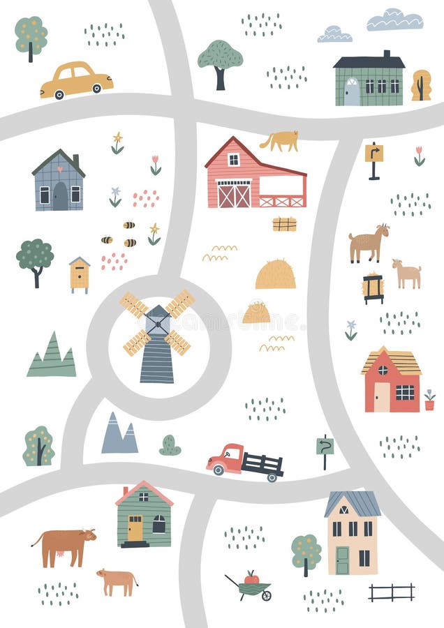 Cute Village Map with Houses and Animals. Hand Drawn Vector Illustration of a Farm Stock Vector - Illustration of building, house: 228750524 Cute Village Map with Houses and Animals. Hand Drawn Vector Illustration of a Farm Stock Vector - Illustration of building, house: 228750524