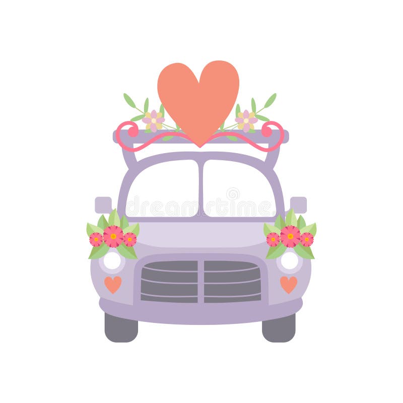 Cute Vintage Car Decorated with Flowers and Red Heart, Romantic Wedding Retro Auto, Front View Vector Illustration