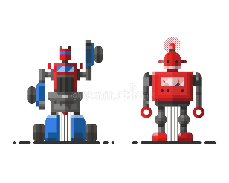 Cute vintage robot technology machine future science toy and cyborg futuristic design robotic element icon character vector illustration