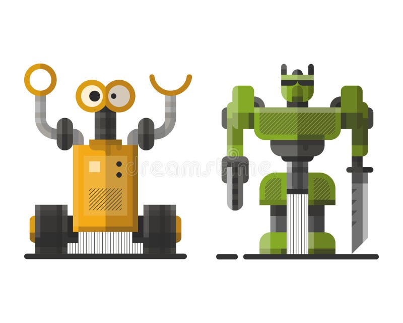 Cute vintage robot technology machine future science toy and cyborg futuristic design robotic element icon character stock illustration