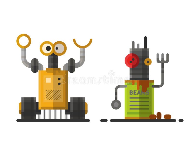 Cute vintage robot technology machine future science toy and cyborg futuristic design robotic element icon character vector illustration