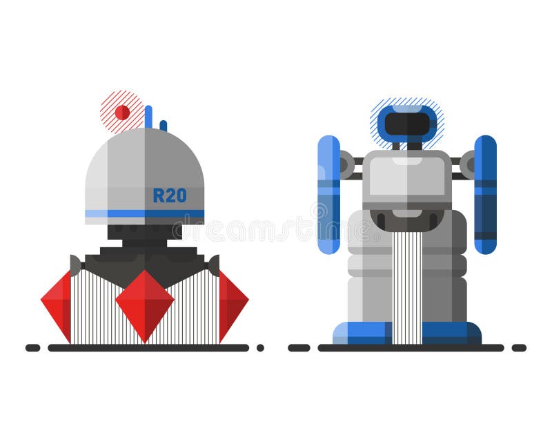 Cute vintage robot technology machine future science toy and cyborg futuristic design robotic element icon character vector illustration