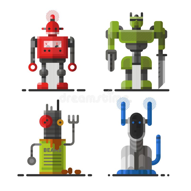 Cute vintage robot technology machine future science toy and cyborg futuristic design robotic element icon character vector illustration