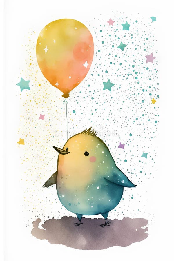 Cute Watercolor Baby Bird with Balloon. Watercolor Illustration Stock ...