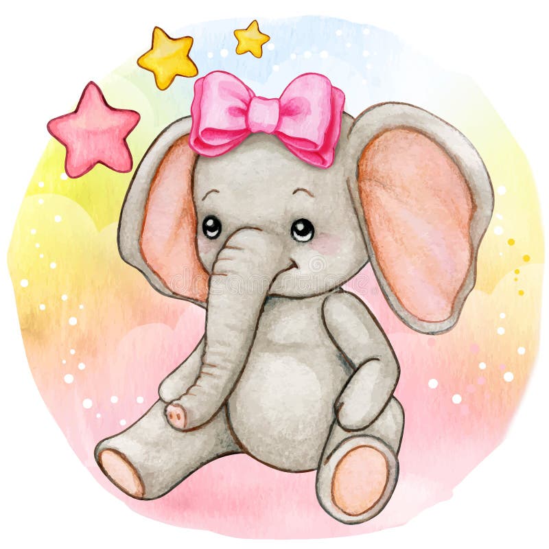 Cute watercolor baby girl elephant sitting on raiinbow background with a pink bow and stars. Cute watercolor baby girl elephant sitting on raiinbow background with a pink bow and stars