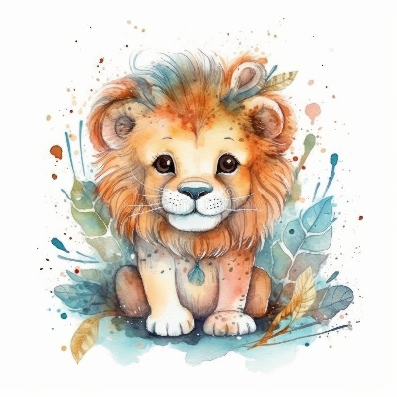 Cute watercolor baby lion. Illustration AI Generative