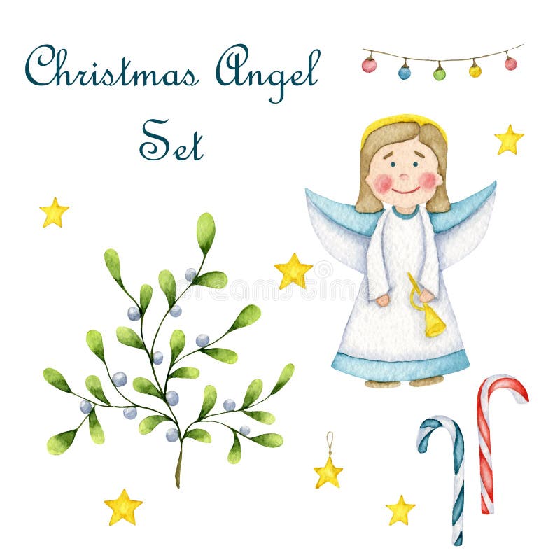Cute watercolor Christmas angel with a trumpet in his hands, mistletoe, sweet candy canes, light bulbs and stars isolated on stock illustration Cute watercolor Christmas angel with a trumpet in his hands, mistletoe, sweet candy canes, light bulbs and stars isolated on stock illustration
