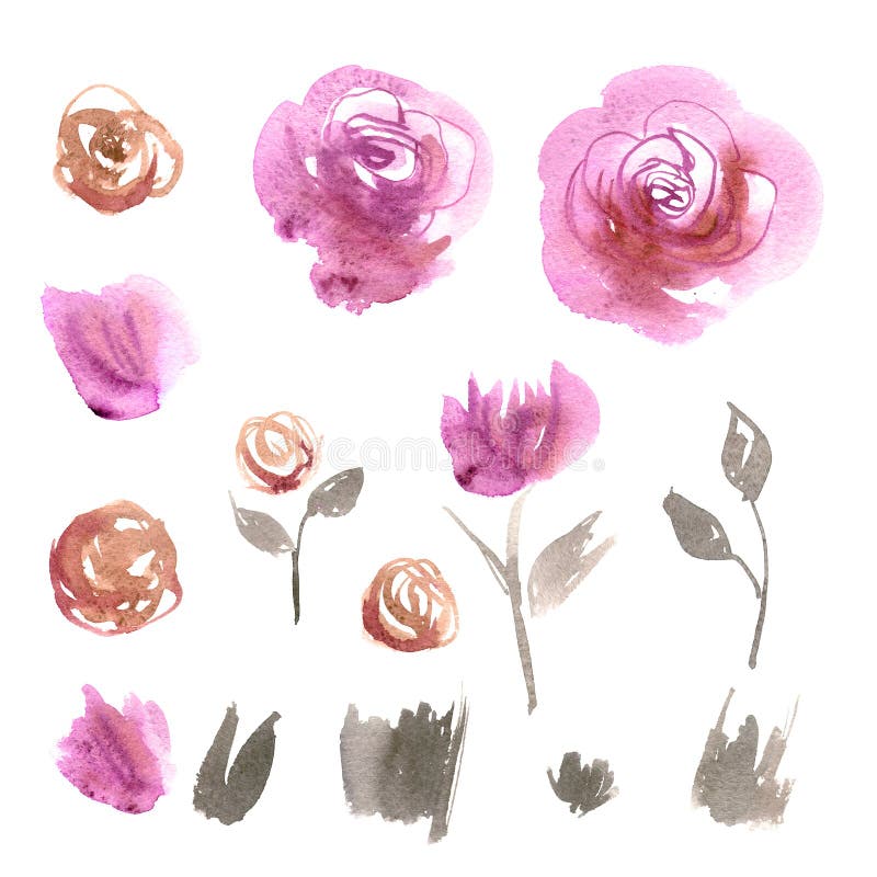 Cute Watercolor Flowers. Pink Roses Stock Illustration - Illustration ...