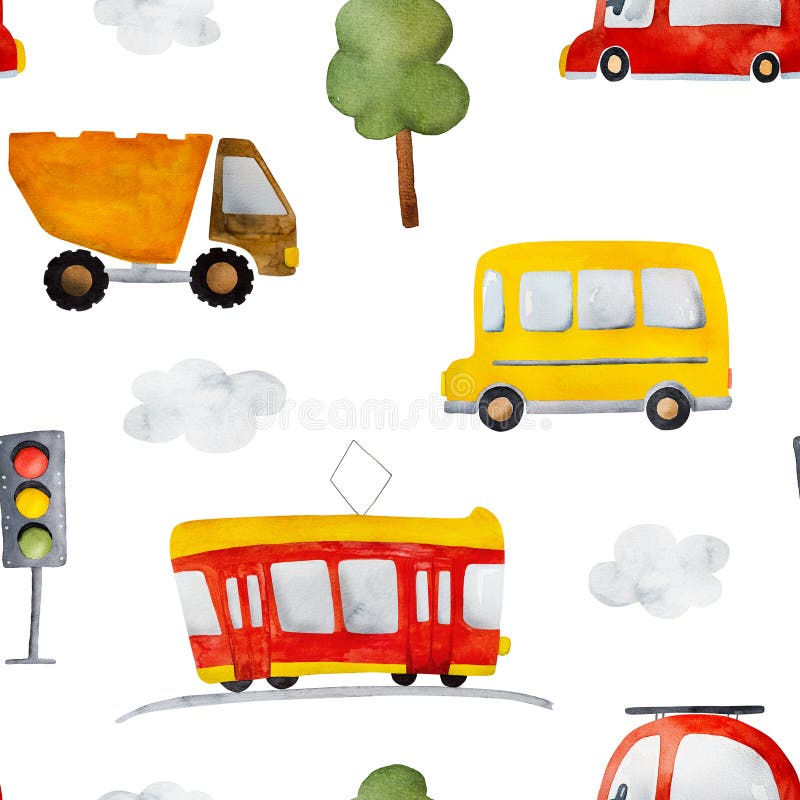 Cute watercolor vehicles paintings with school bus, red car and tram. Beautiful autumn drawings with automobile, truck and clouds. Cute watercolor vehicles paintings with school bus, red car and tram. Beautiful autumn drawings with automobile, truck and clouds