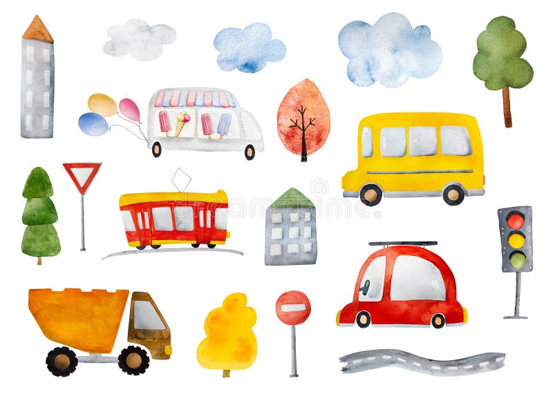 Cute watercolor vehicles paintings with school bus, red car and tram. Beautiful autumn drawings with automobile, truck and road signs. Cute watercolor vehicles paintings with school bus, red car and tram. Beautiful autumn drawings with automobile, truck and road signs