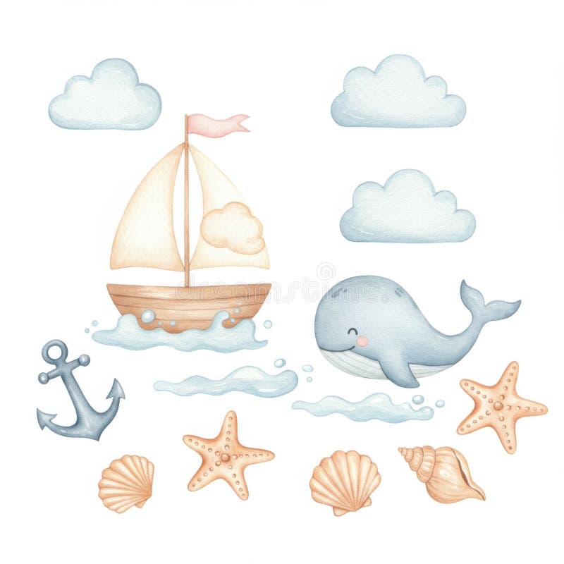 Cute Watercolor Whale Sailboat Ocean Scene royaltyfri illustrationer