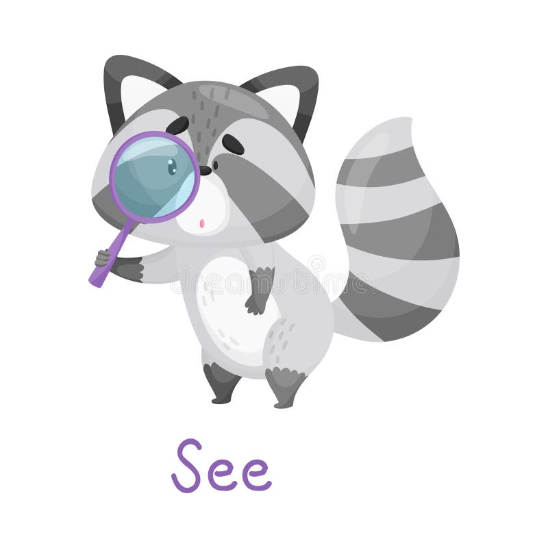 Cute wenig Raccoon mit Blick auf etwas durch Magnifier mit handgeschriebener Inschrift Siehe Vector Illustration. lizenzfreie abbildung