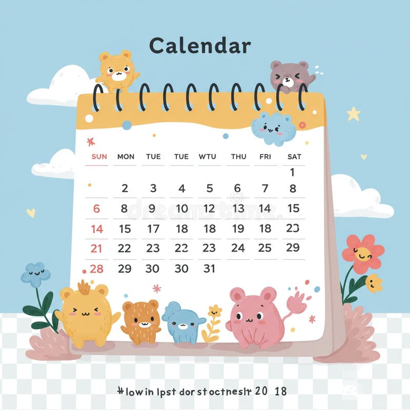 Cute whimsical calendar pagină cu desene animate animale și flori. Cinci culori royalty free illustration