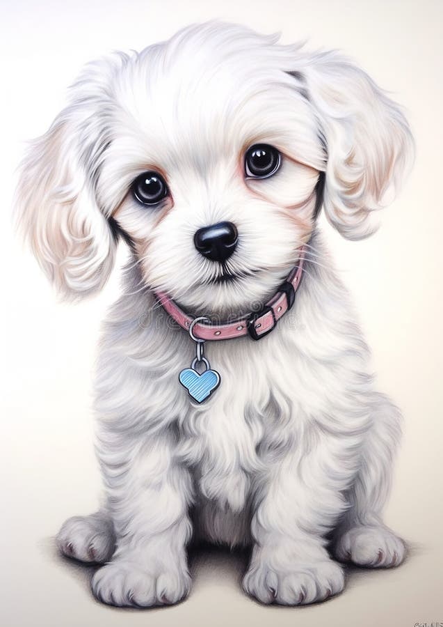 Cute White Dog with Pink Collar and Blue Heart Tag