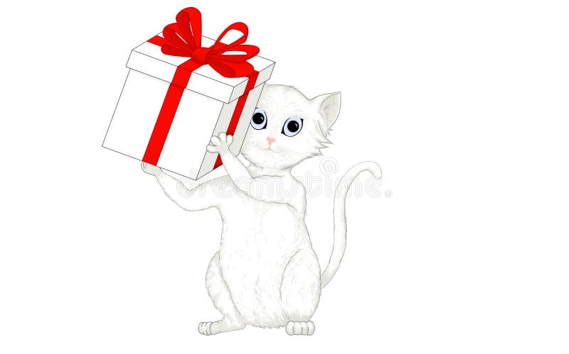 Cute white and gray cat holding a gift box with red ribbon royalty free illustration Cute white and gray cat holding a gift box with red ribbon royalty free illustration