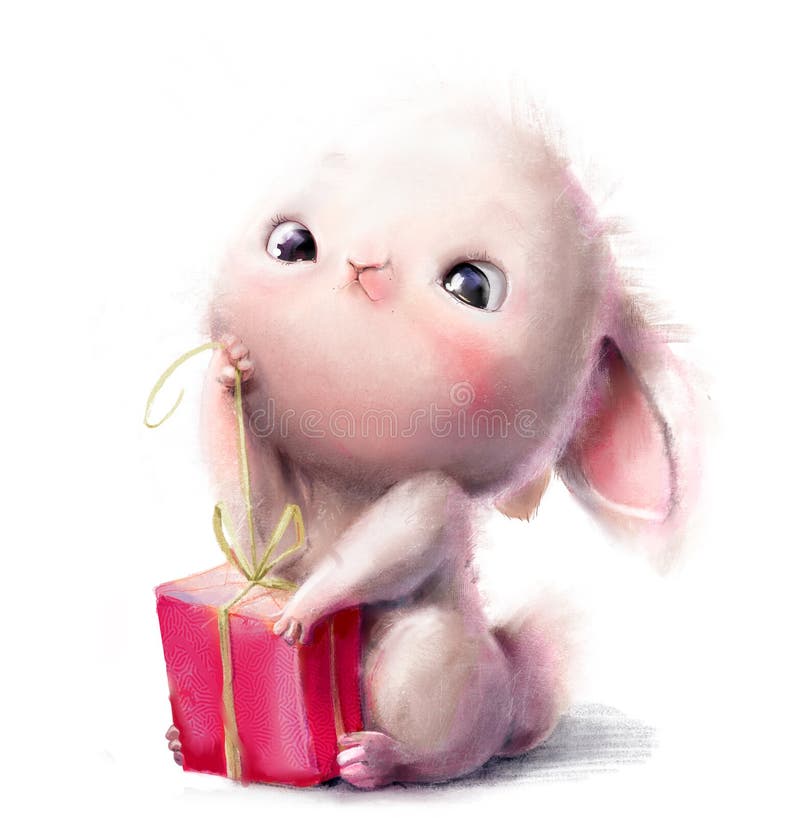 Cute white hare character with present box royalty free illustration