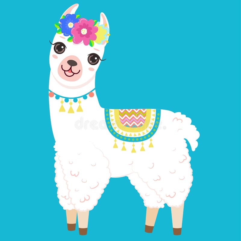 Cute white llama with colorful flowers on the head