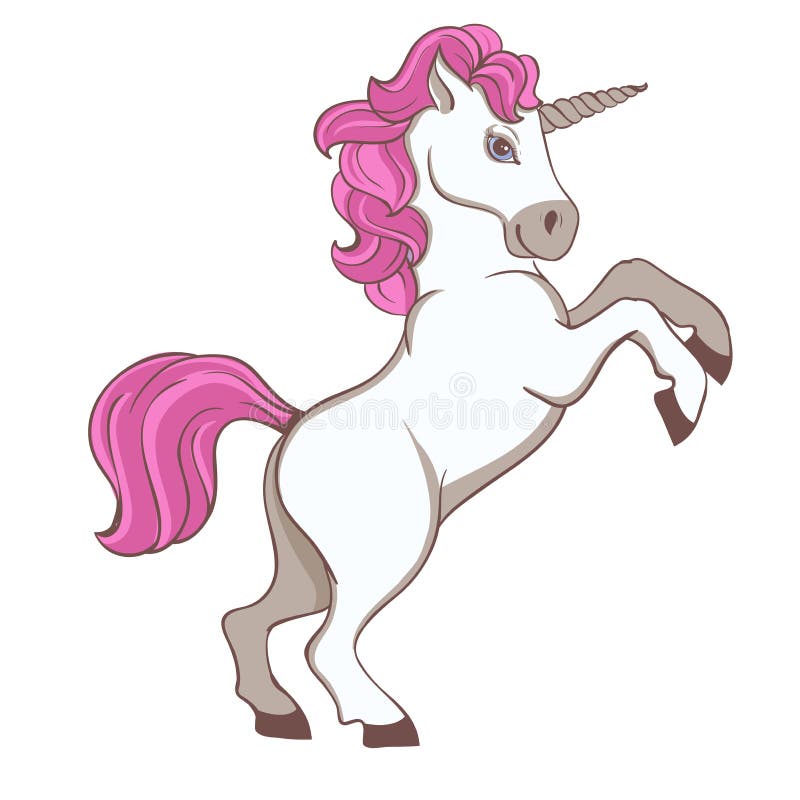 Cute white unicorn with pink tail and mane stock illustration