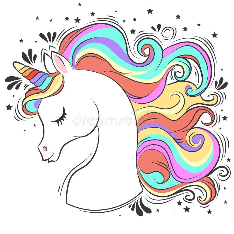 Cute White Unicorn with Rainbow Hair Stock Vector - Illustration of ...