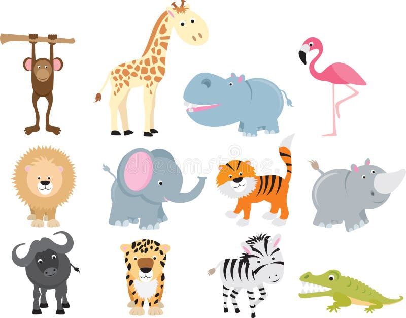 Cute wild safari animal cartoon set