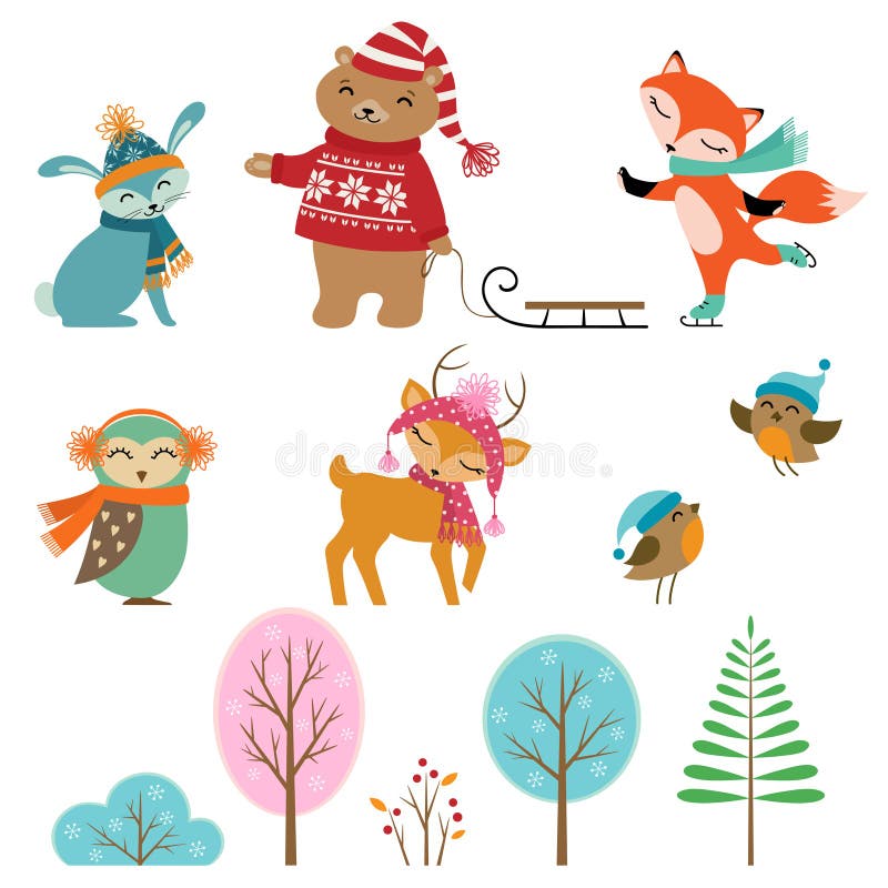 Cute winter animals vector illustration