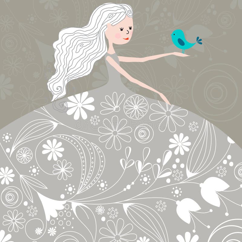 Cute winter girl with bird stock illustration