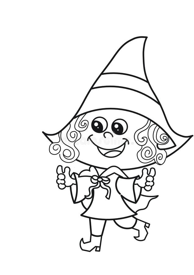Cute Witch with Hat Coloring Page. Small Girl in Halloween Dress Stock ...