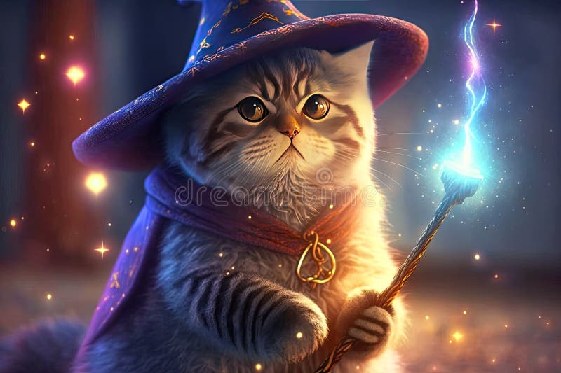 A cute cat wizard holds a glowing wand, radiating magic and wonder as it casts spells and weaves enchantments. - Generative AI. A cute cat wizard holds a glowing wand, radiating magic and wonder as it casts spells and weaves enchantments. - Generative AI.