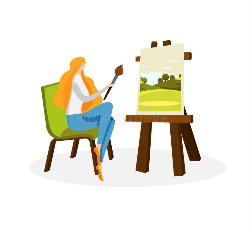Cute Woman Artist Drawing Acrylic Paints on Canvas vector illustration Cute Woman Artist Drawing Acrylic Paints on Canvas vector illustration