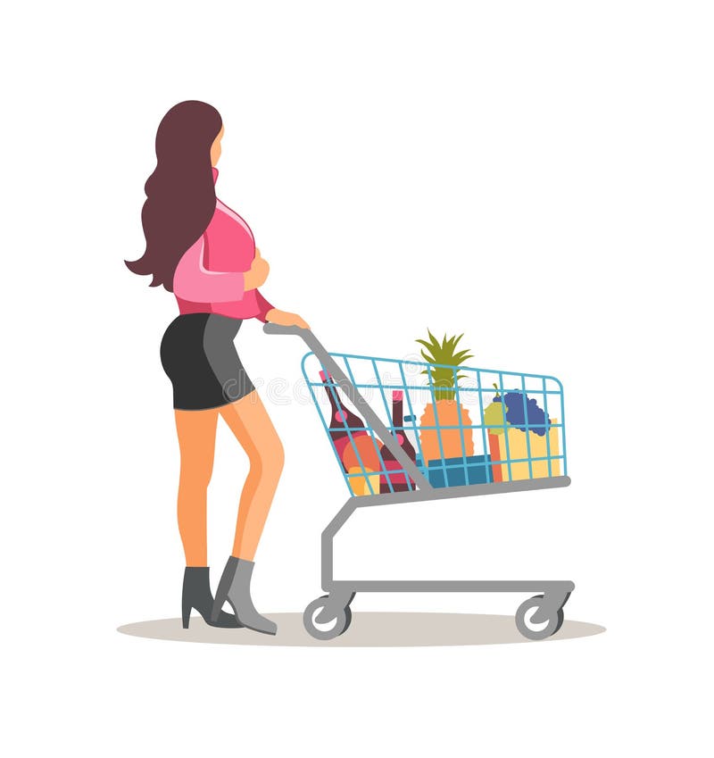 Cute Woman With Shopping Cart Full Grocery Stock Vector Illustration Of Basket Concept 163542906