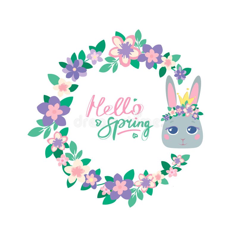 Cute Wreath of Flowers with a Gray Princess Bunny. Hello Spring Green and Pink Lettering Letters. Cartoon Style Stock Vector - Illustration of flower, decoration: 210661066 Cute Wreath of Flowers with a Gray Princess Bunny. Hello Spring Green and Pink Lettering Letters. Cartoon Style Stock Vector - Illustration of flower, decoration: 210661066
