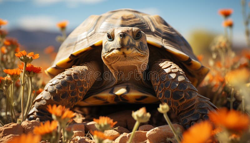 A cute yellow turtle crawls through the green grass generated by AI royalty free stock images