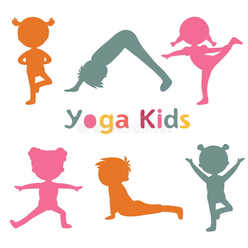 Kids yoga set. Children perform exercises, asanas, postures