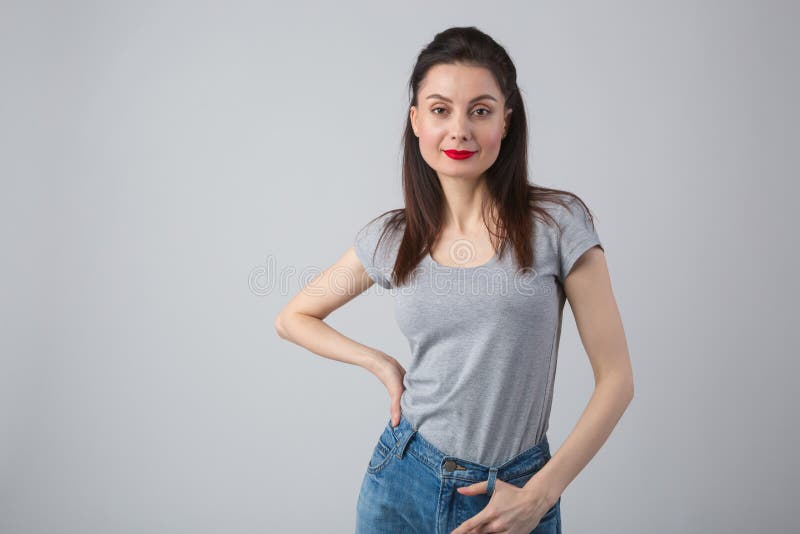 Cute Young Adult Woman in 30s Wearing Casual Clothes in Studio Stock Image  - Image of smile, lady: 230050565