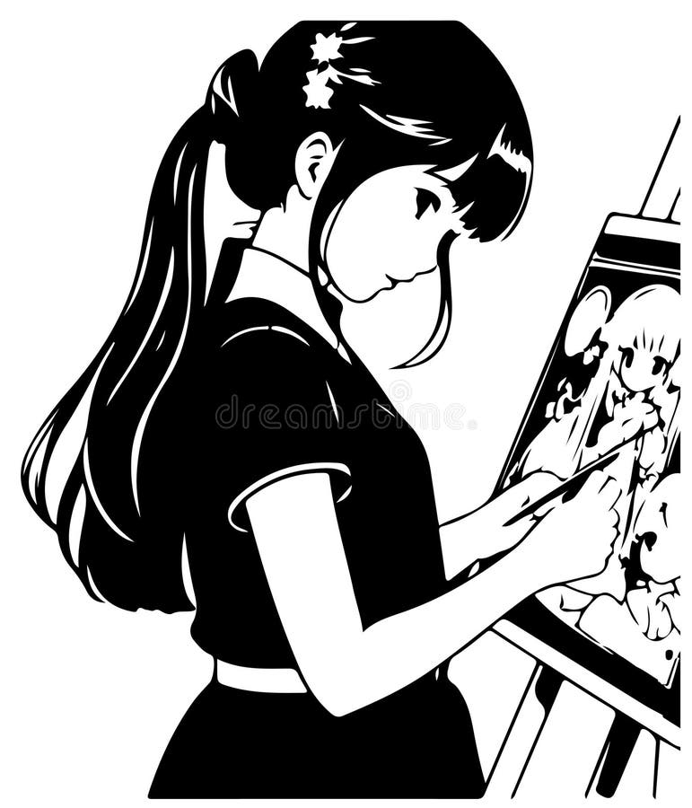 Anime Girl Drawing a Picture, Vector Coloring for Children. Cute Young Anime  Girl in Manga Comic Style.Black and White Stock Vector - Illustration of  nature, character: 273776682