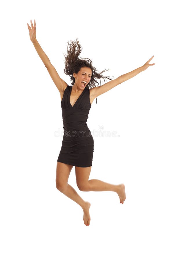 Cute young woman with black dress jumping