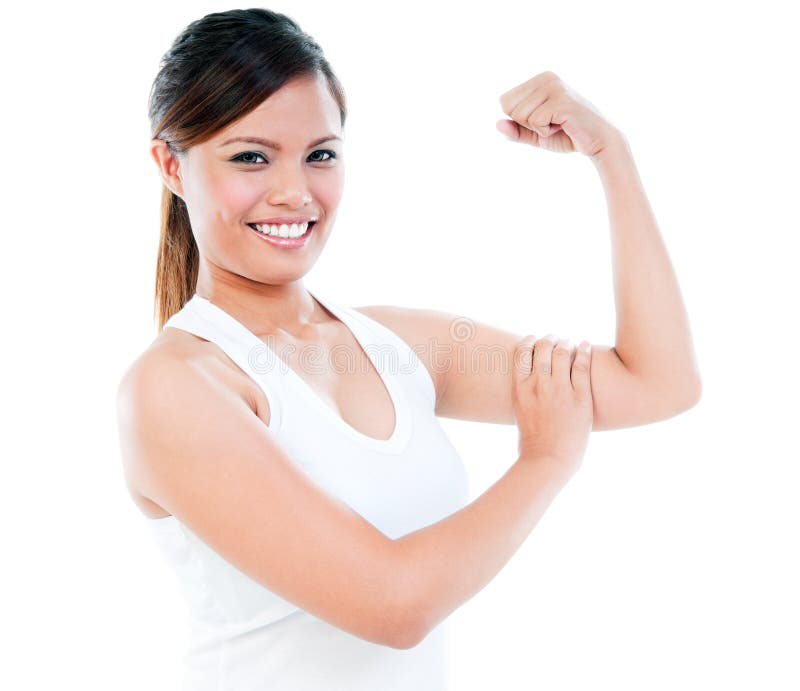 Cutout Portrait Of Young Strong Muscular Woman Flexing Her Biceps