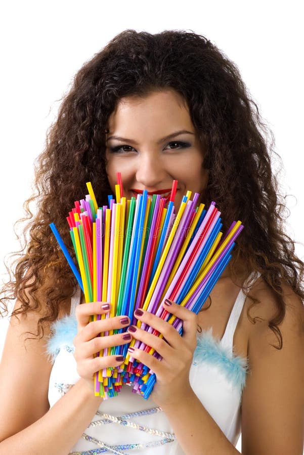 Cute young woman hold a lot of colorful straws